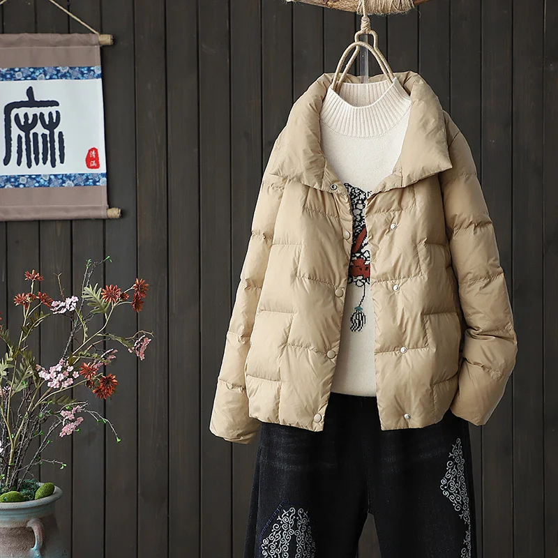 Woherb New Standing Collar Contracted Light Down Jacket Female Short Stair Case Loose Show Thin White Duck Velvet Button Coat Female Tide-Outfit Ideas