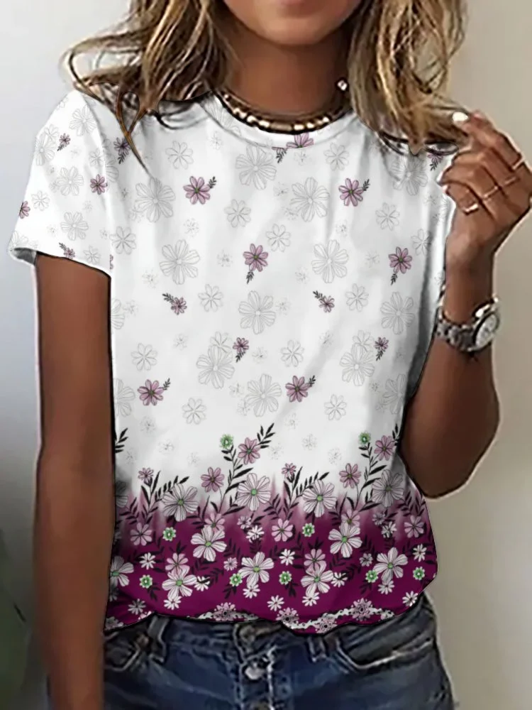 Printed Short Sleeve Casual T-shirt for  Women and Men Unisex Pattern Floral, Wine Red