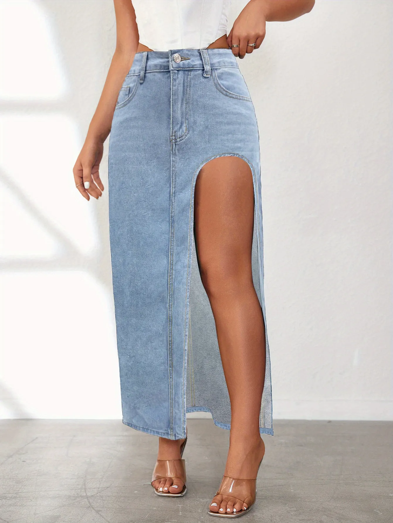 SpringSummer Womens Vintage Washed Denim Midi Skirt High Waist A-Line With Thigh-Height
