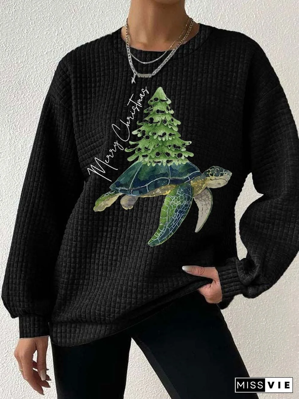 Women's Merry Christmas Turtle Christmas Tree Waffle Sweatshirt