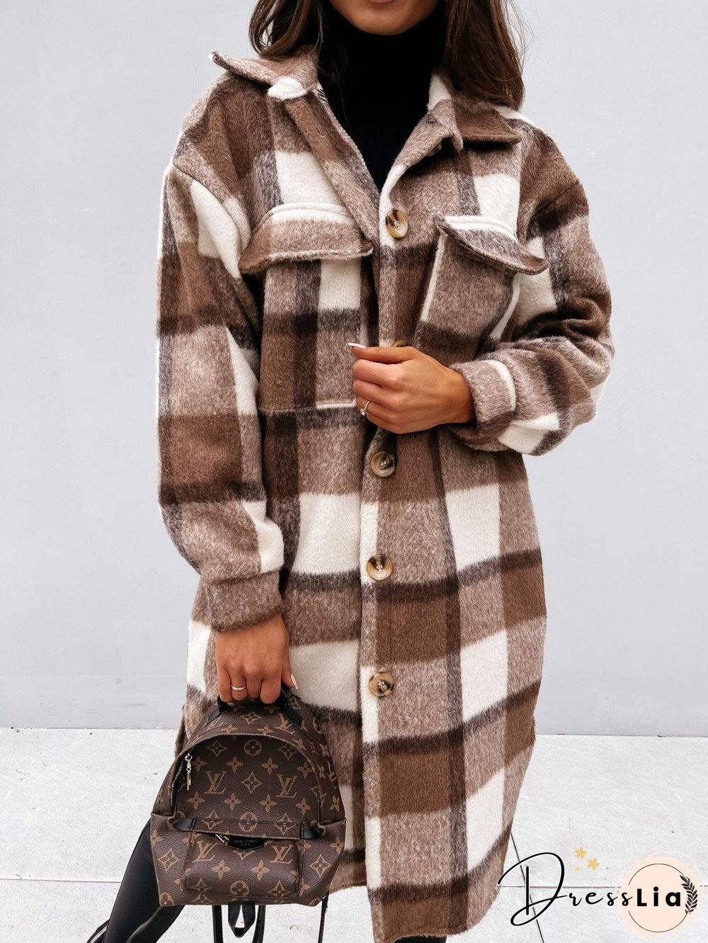 Autumn Winter Long Sleeve Plaid Print Coat