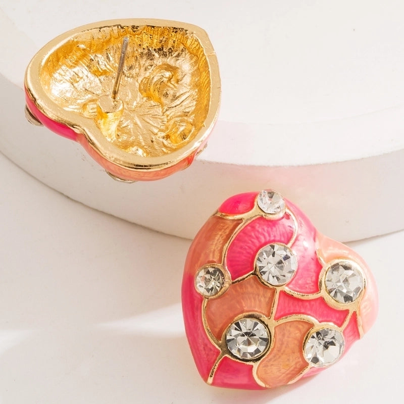 1 Pair Casual Classic Style Heart Shape Enamel Inlay Alloy Rhinestones Gold Plated Ear Studs