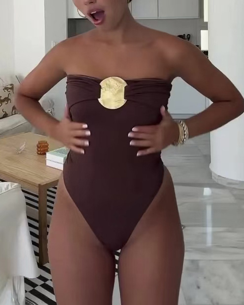 Sexy Solid Color Metallic Strapless Swimsuit