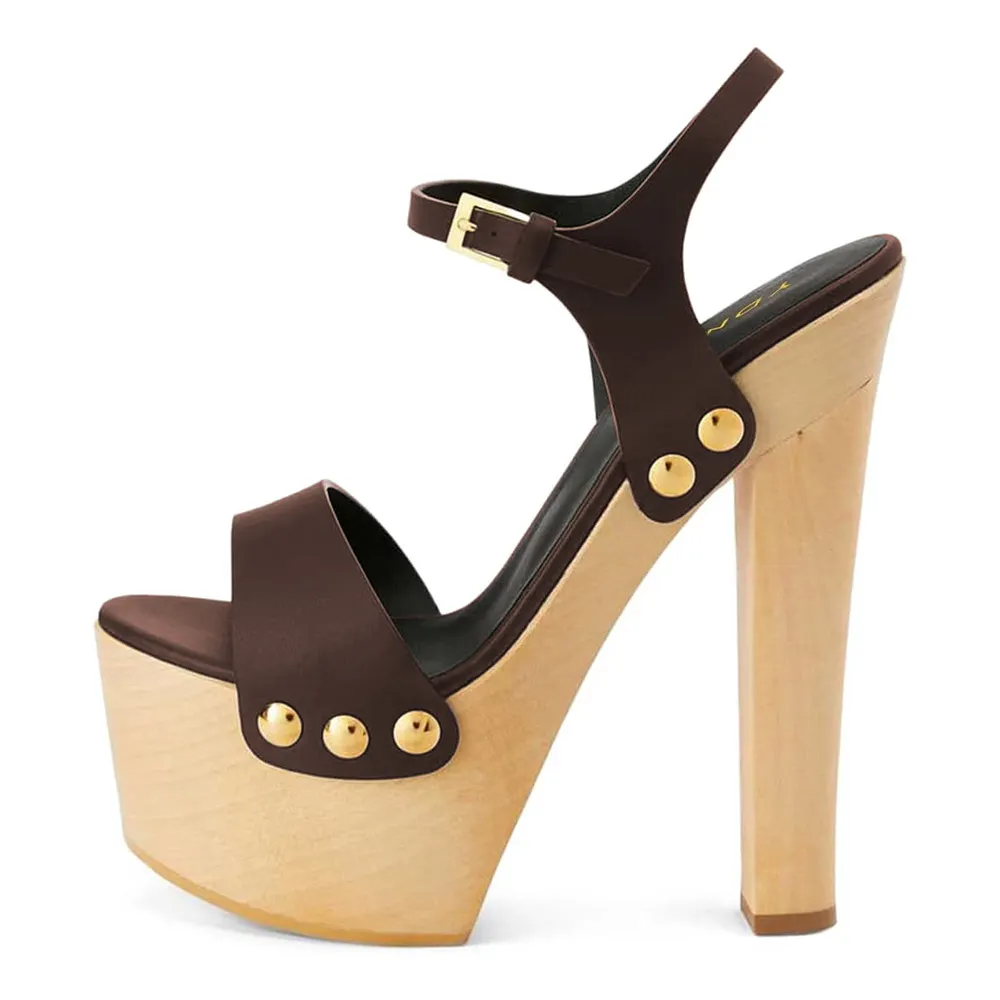 Brown Vegan Leather Ankle Strap Open Toe Studded Platform Clog Heels