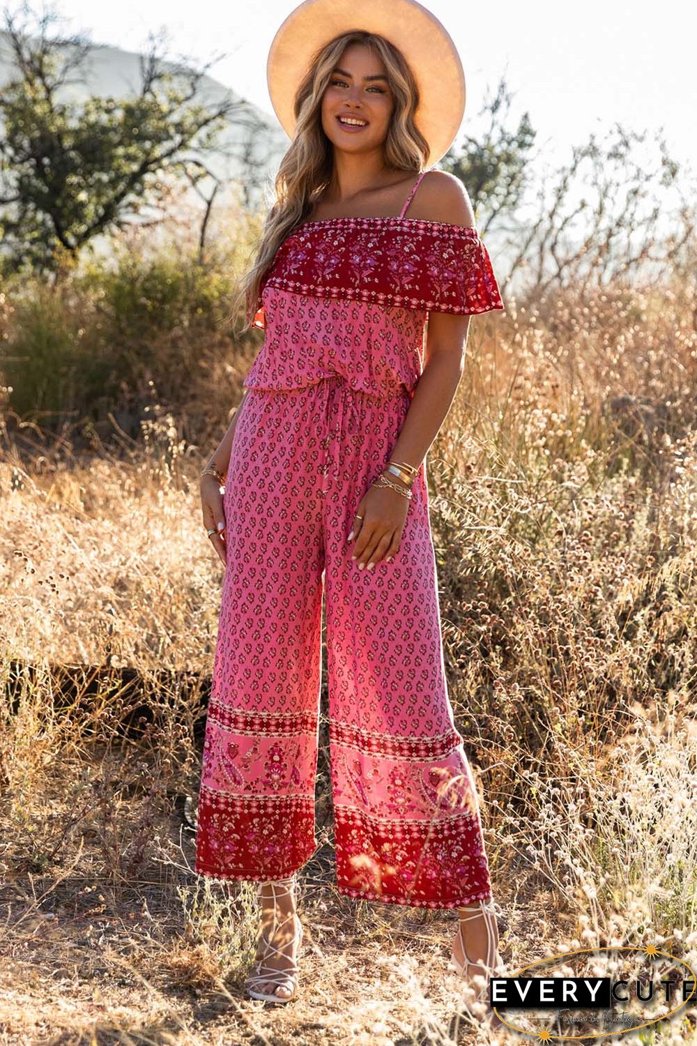 Red Pattern Print Spaghetti Strap Ruffled Wide Leg Jumpsuit