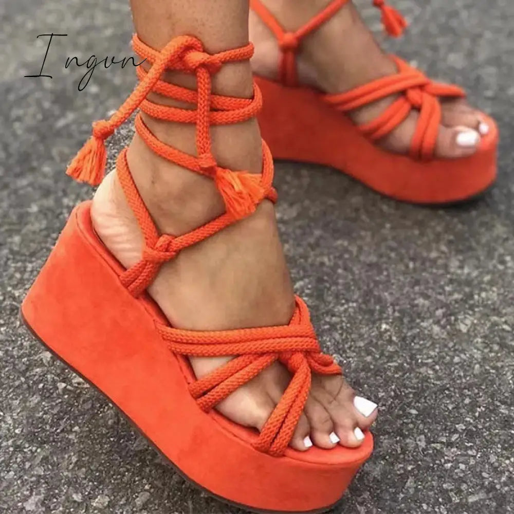 Ingvn - Solid Velvet Ankle Strap Platform Sandals Orange / 5