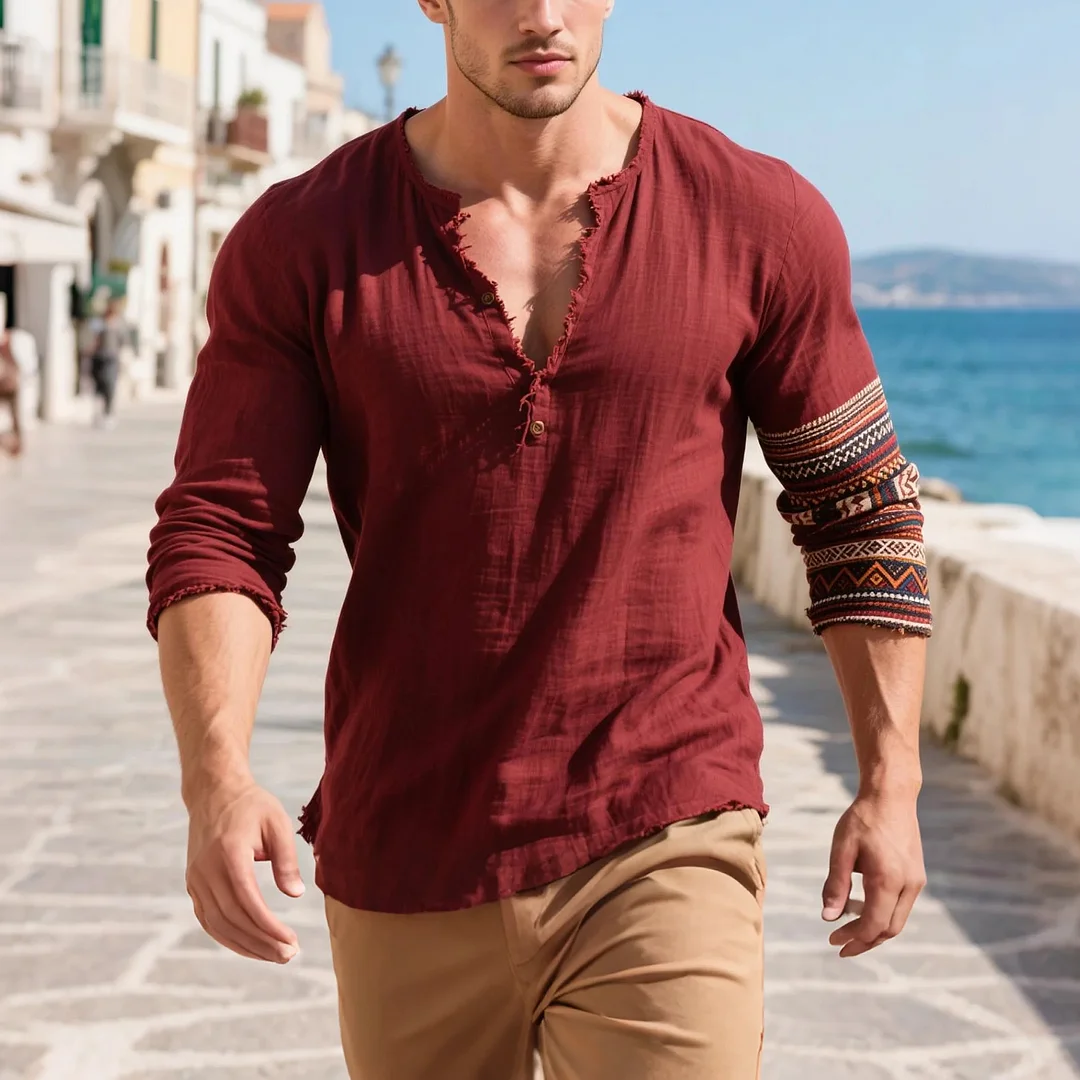 Stylish Henley Shirt with Ethnic Sleeve Patterns for Summer Outings-inspireuse