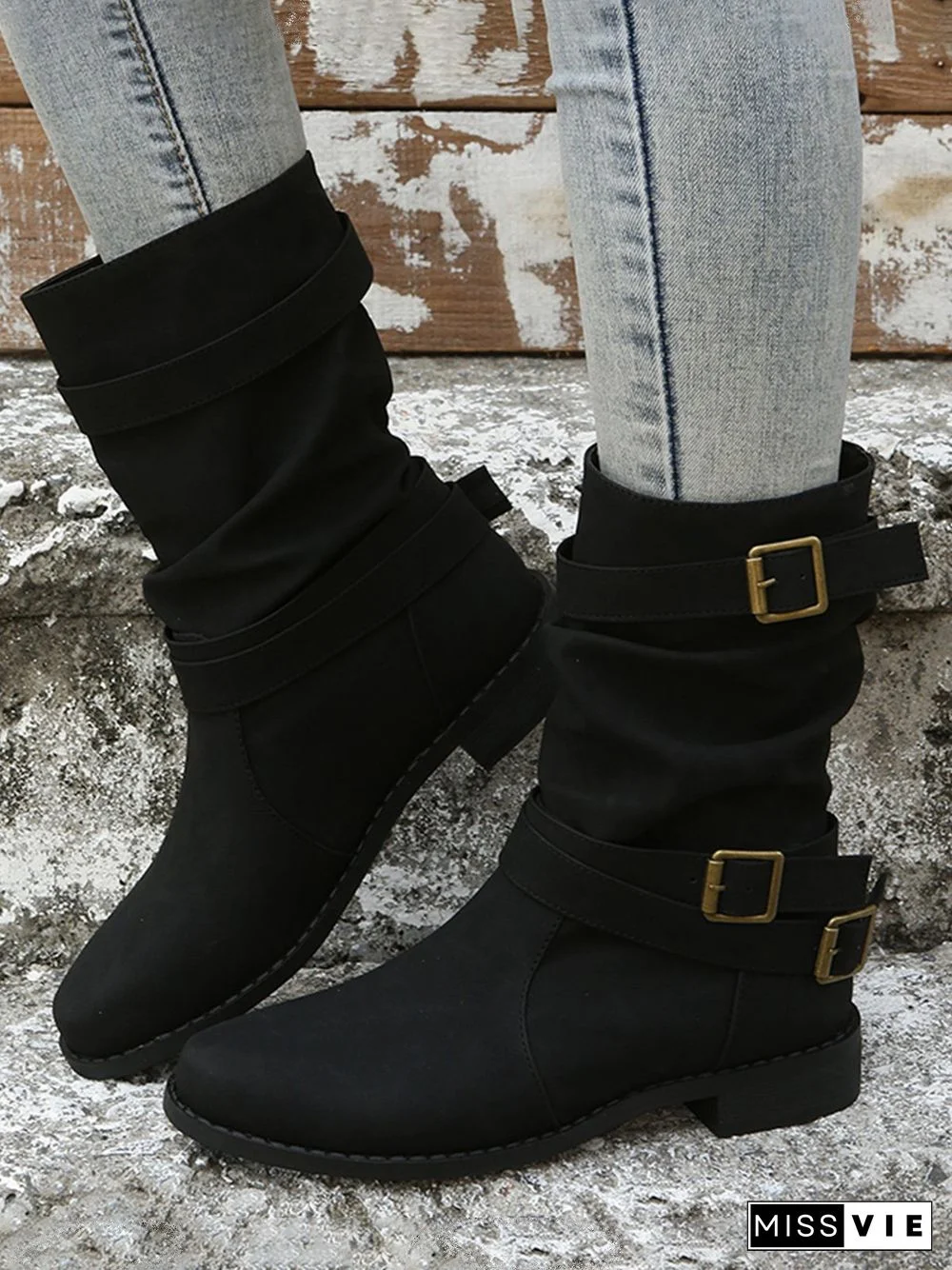 Ruched Buckle Casual Leather Booties