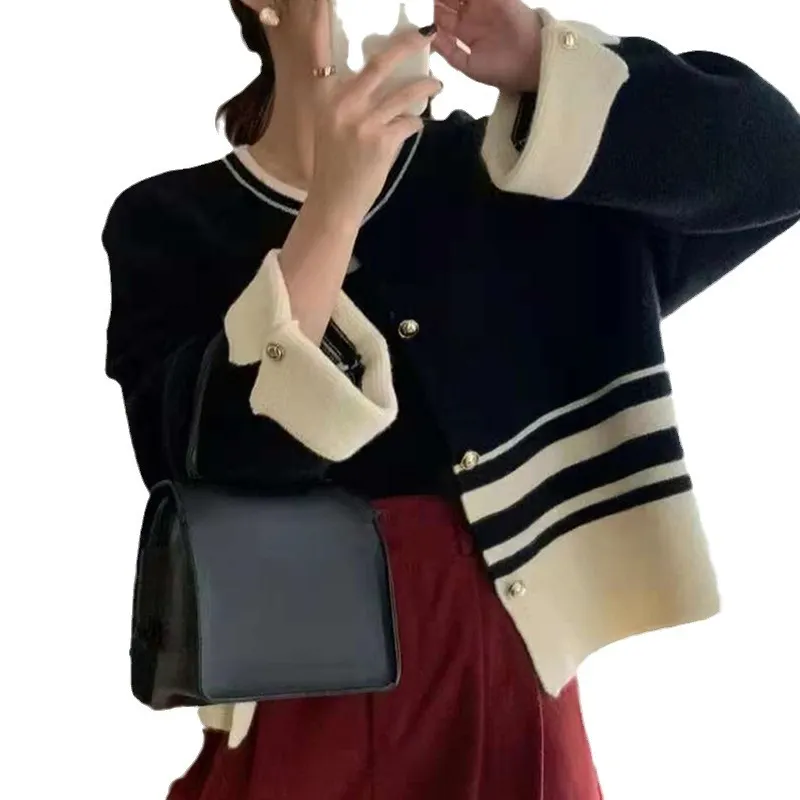 Churchf Churchf Clothing Small Fragrant Wind Stripe Spell Color Cardigan Coat Loose Cream Jacket Fashion Autumn And Winter New Knitting Cardigan Female