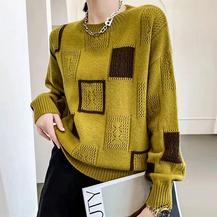 Women's Color Block Plaid Print Knitted Pullover Sweaters