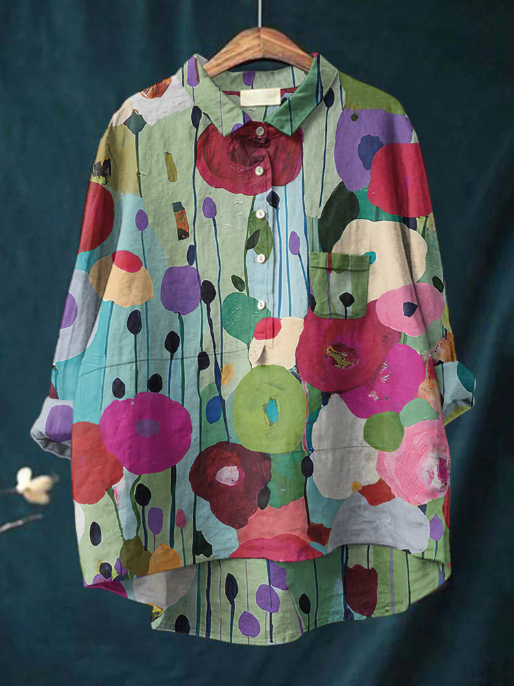 Comstylish Vintage Color Floral Art Print Casual Cotton Linen Shirt