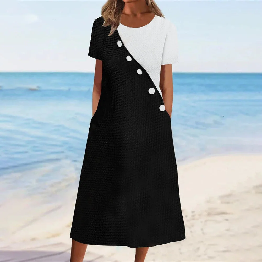 Chic Color Block Round Neck Midi Dress