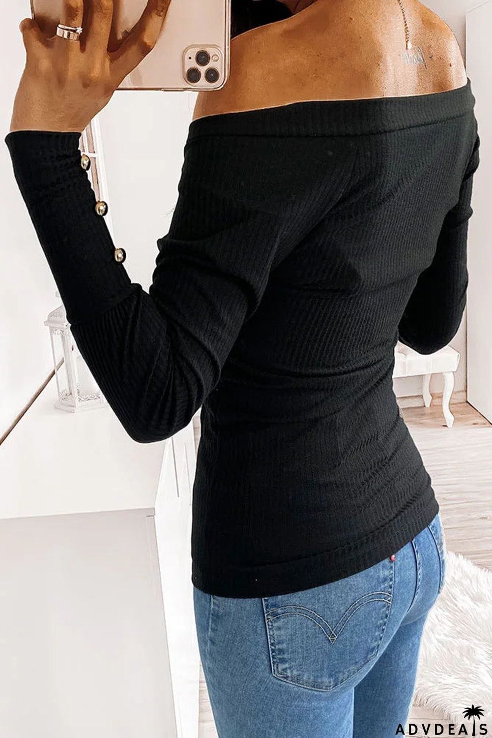 V Neck Ribbed Textured Pleated Top with Buttoned Long Sleeves