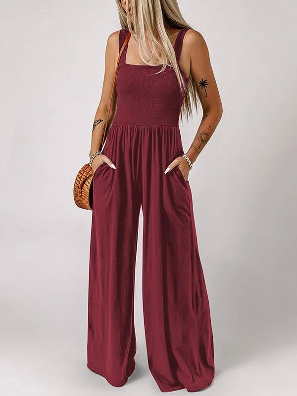 Pleated Solid Color Sleeveless Wide Leg Square-Neck Jumpsuits