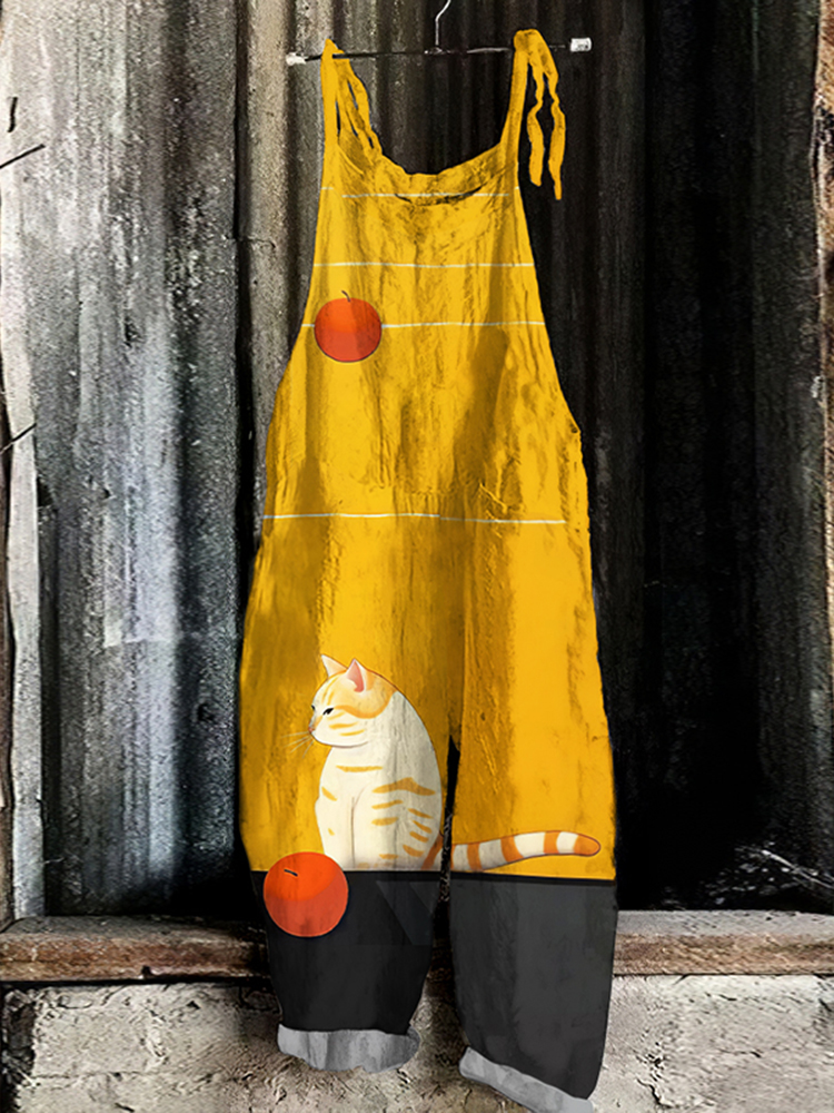 Comstylish Abstract Creative Cute Sulking Cat Painting Art Print Loose Casual Jumpsuit