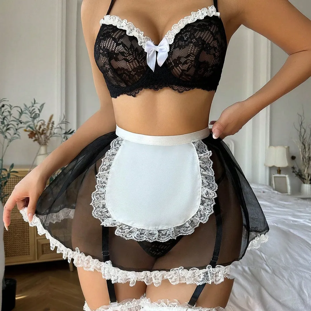 Churchf Lingerie Sexy Bra Lace Bra Set Lingerie Maid With Bow Twinning Set