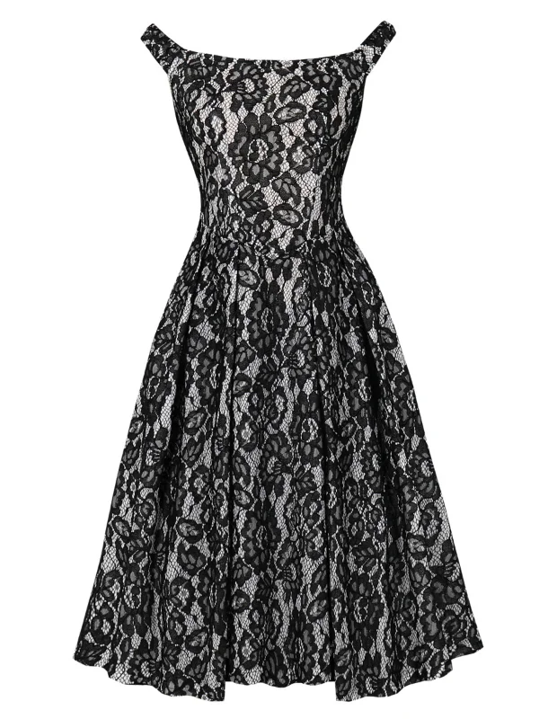 Elegant Flower Mesh Lace Off-shoulder Midi Party Dress