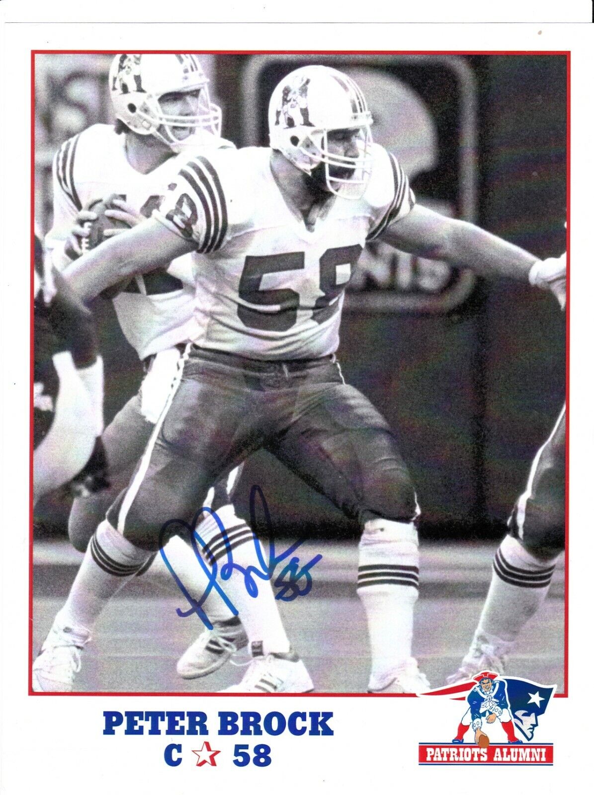 PETER BROCK NEW ENGLAND PATRIOTS SIGNED 8x11 ALUMNI POSTER