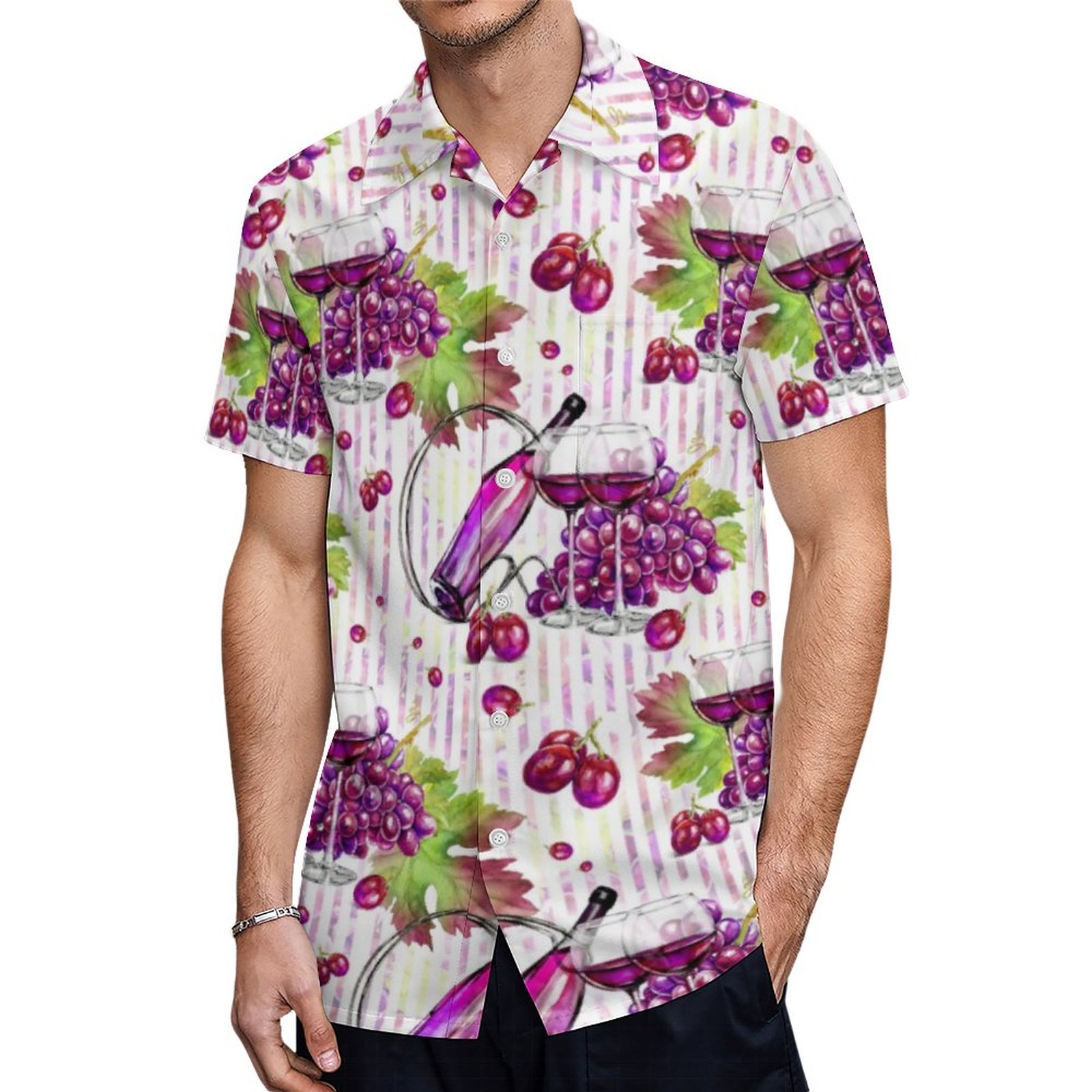Wine Bottle Grapes Leaves Purple Green Beige Hawaiian Shirt Mens Button Down Tropical Hawaii Beach Shirts