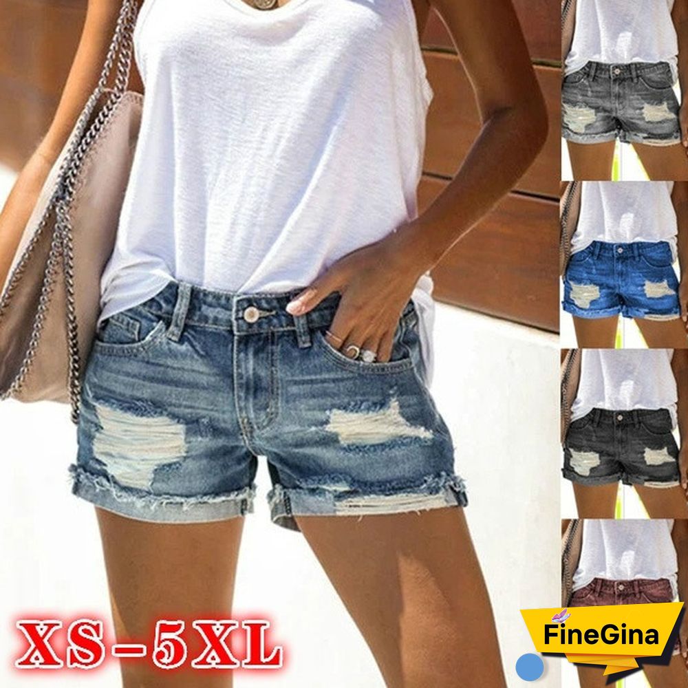 XS-5XL Plus Size Summer Women's Fashion Denim Shorts Blue Jeans Ripped Casual Pants High Waist Denim Pants Cool Streetwear