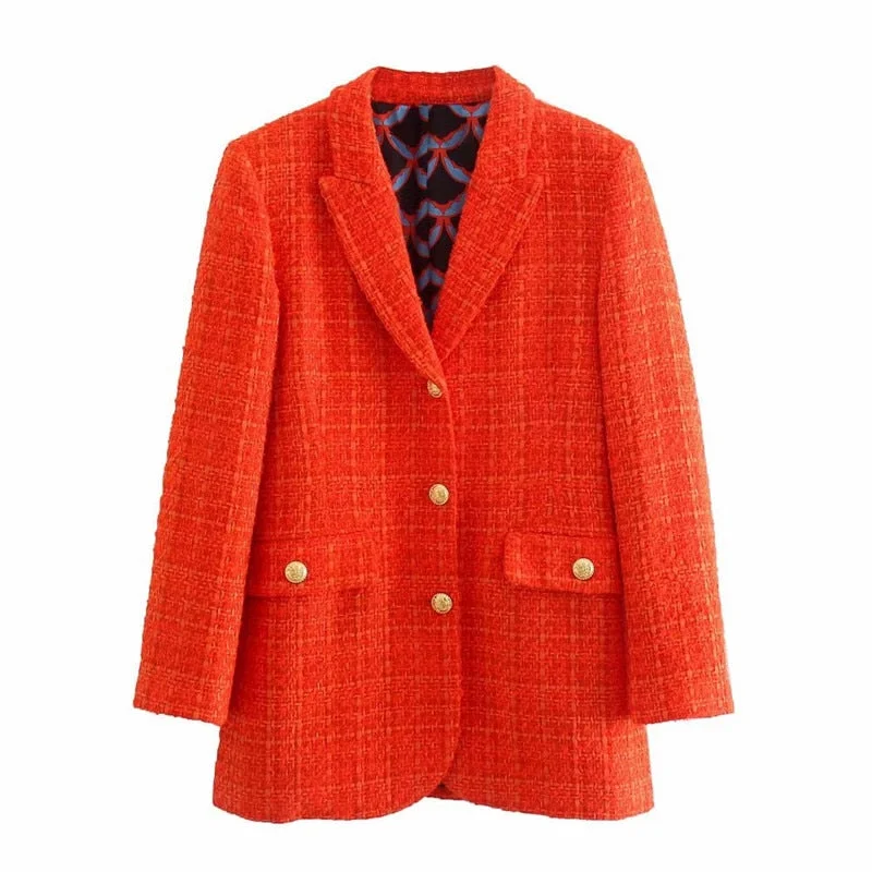 Za 2021 Vintage Print Fitted Blazer Women Long Sleeve Buttoned Orange Blazers Coat Fashion Front Pockets Female Casual Outerwear