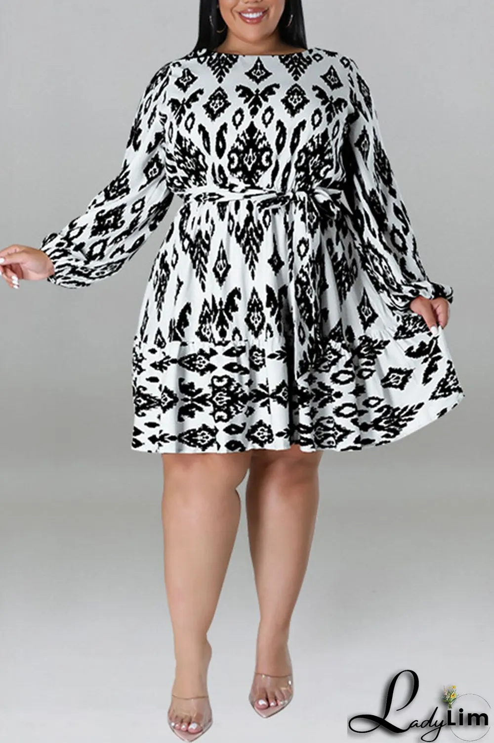 Light Apricot Casual Print Bandage Patchwork O Neck Straight Plus Size Dresses