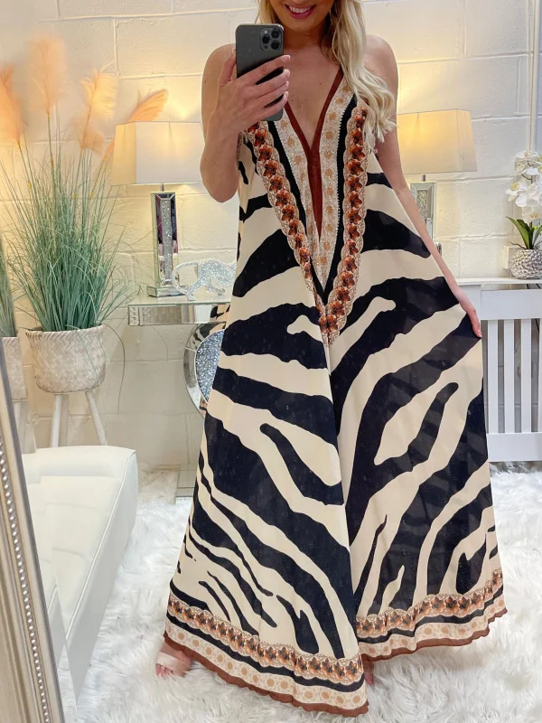 Beige Black Zebra Print Halterneck Maxi Dress