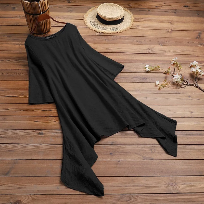 ZANZEA Fashion Autumn O Neck 3/4 Sleeve Long Shirt Women Asymmetrical Blouse Casual Solid Blusas Loose Tunic Tops Oversized