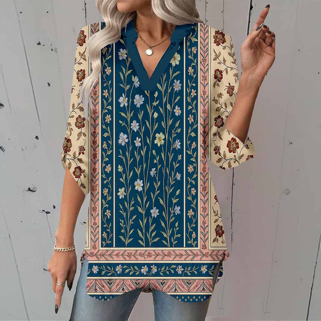 Women Bohemian,Beige,Blue,Floral DZGA0282 3/4 Sleeve V-neck Printed Graphic Button Tops