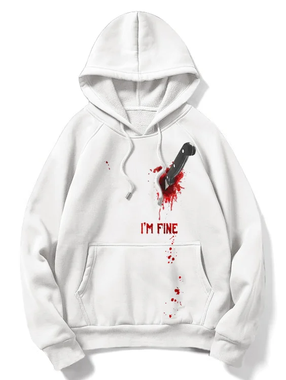 Men's Halloween Bloody Knife I'M FINE Print Pocket Hoodie