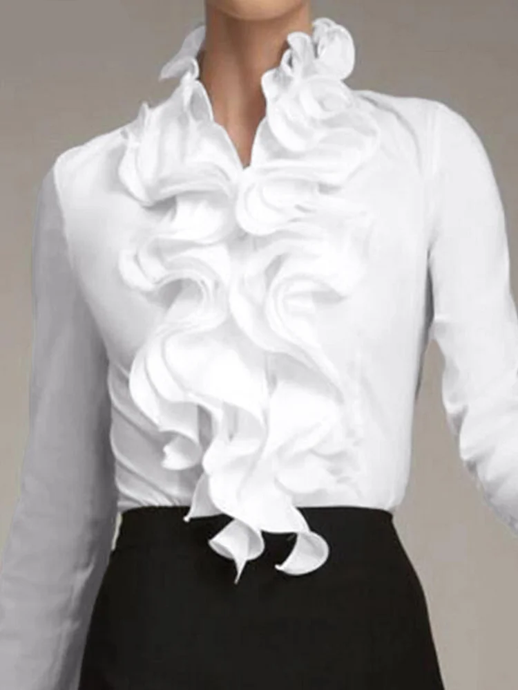 Elegant Solid Color Stand Collar Long Sleeve Ruffle Blouse
