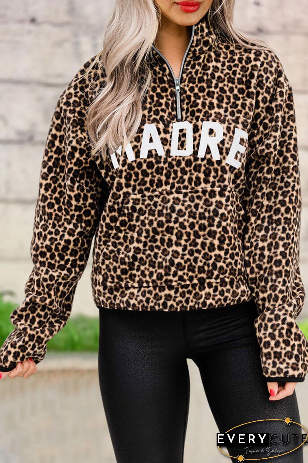 Leopard MADRE Zipper Collar Pullover Sweatshirt