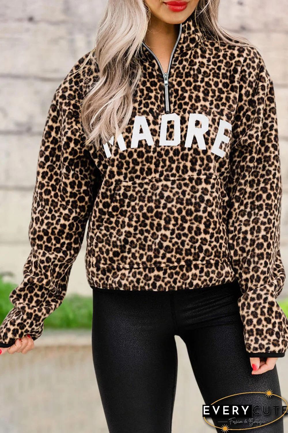 Leopard MADRE Zipper Collar Pullover Sweatshirt
