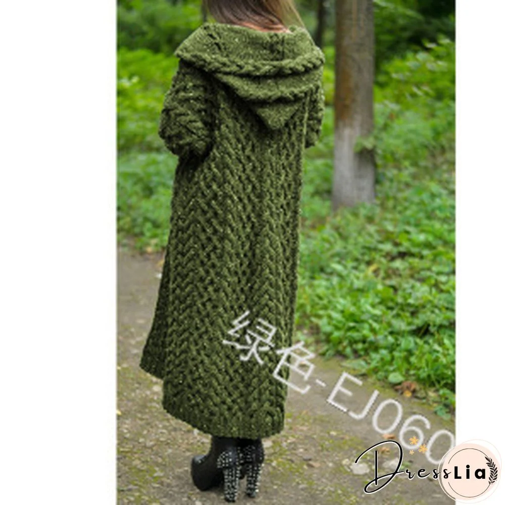 Hooded Solid Knitted Long Cardigan Twist Sweater Coat