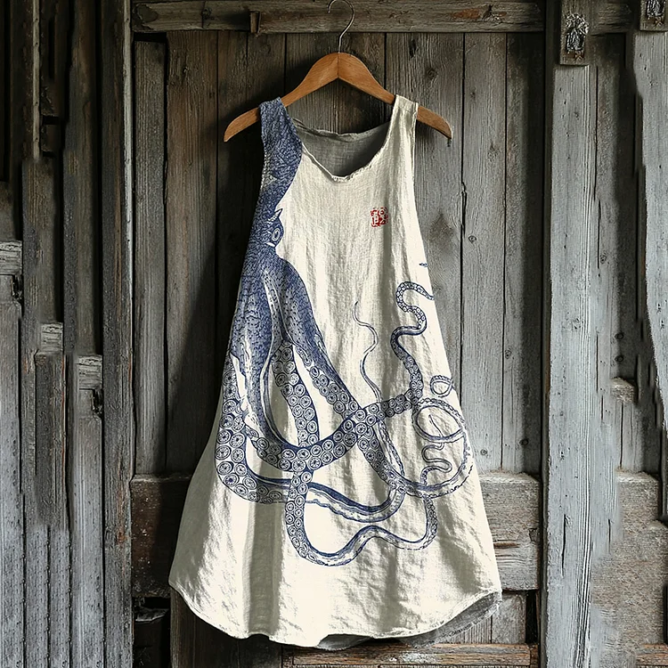 Simpfit Japanisches Nachahmung aus Baumwolle und Leinen-Tankkleid mit Oktopus-Art
