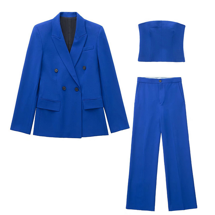 Fashion Blue Blazer Three Piece Set