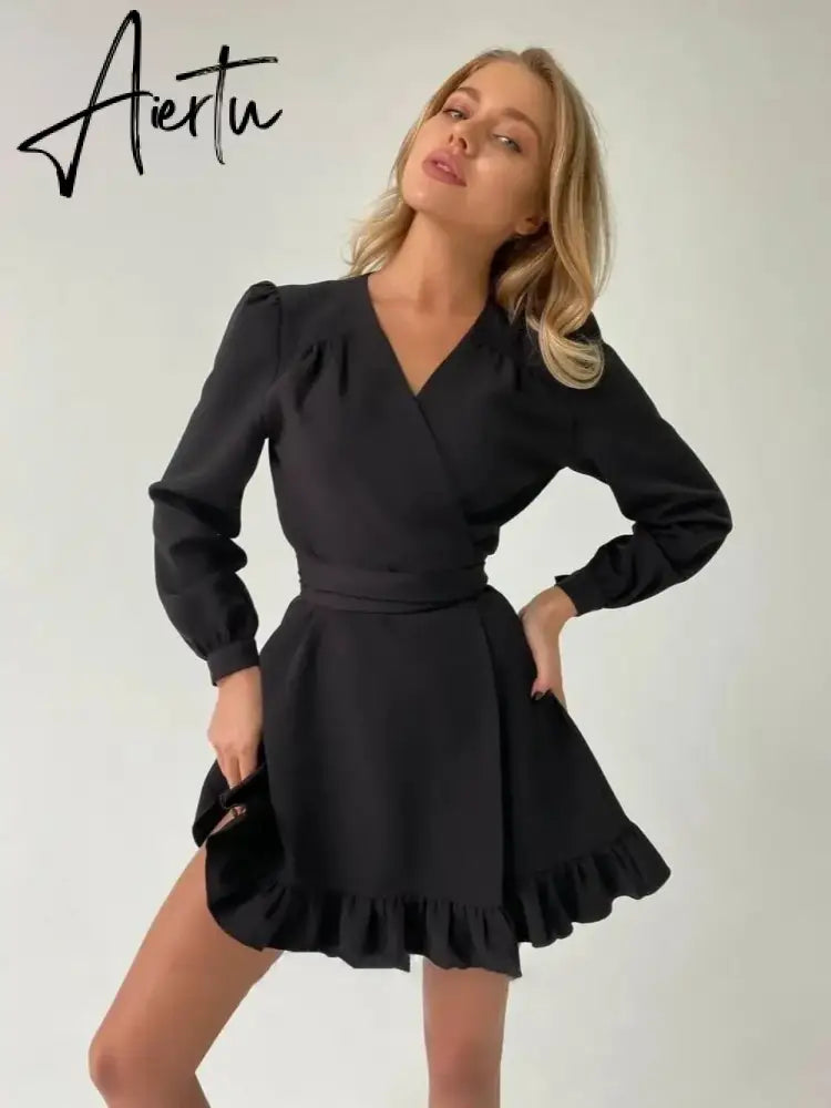 Sweet Ruffles A Line Robe Dress Party Bandage Long Sleeve High Waist Slim Fashion Mini White Dress Summer New Arrivals Aiertu