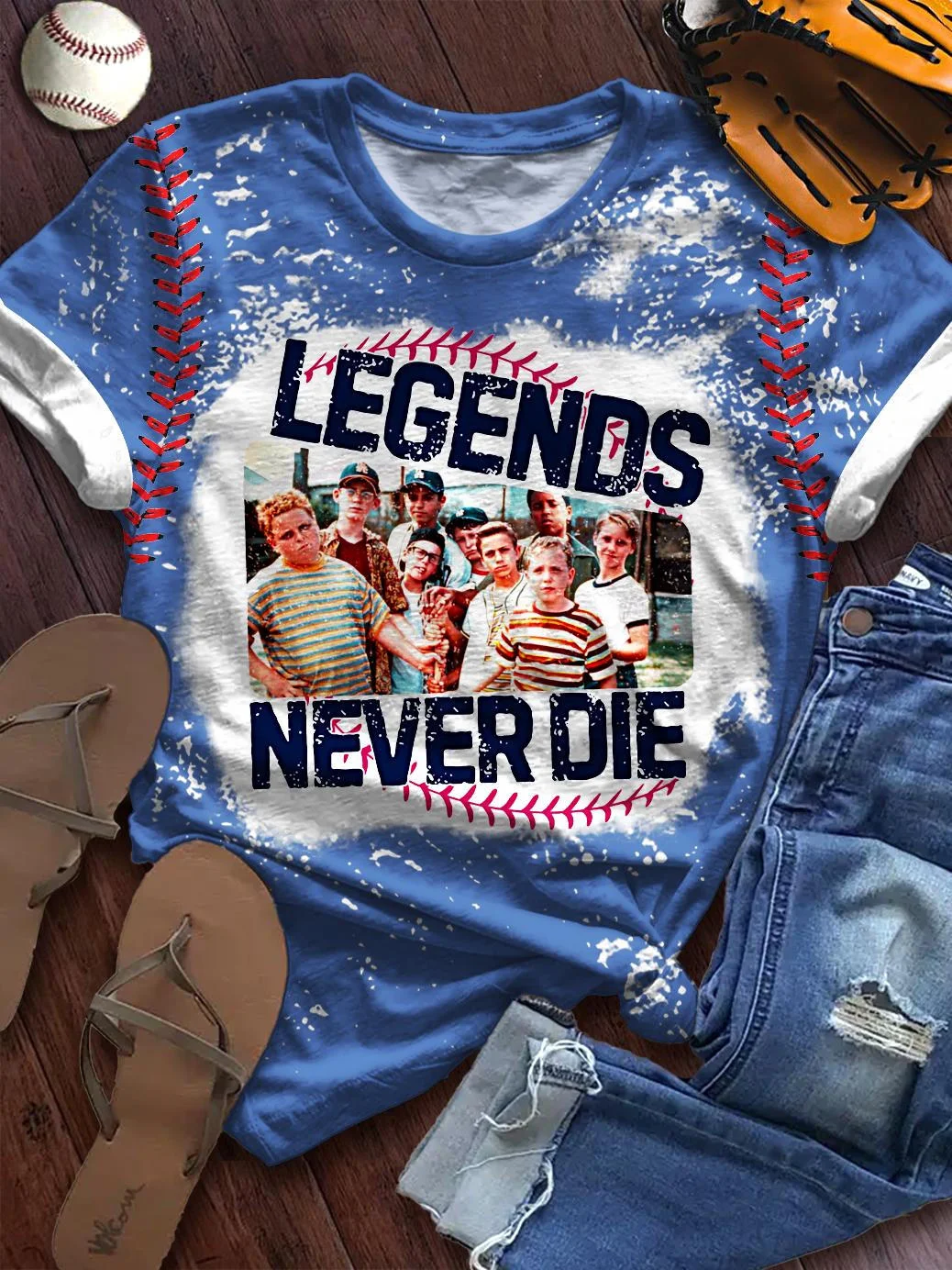 Sandlot Legends Never Die Retro Baseball Print Crew Neck T-shirt