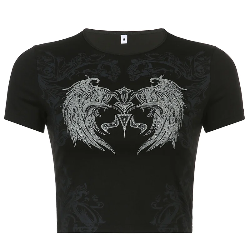 Ueong Street Fashion Women's Wear Solid Color Round Collar Printing Slim Short Sexy T-Shirt Trend