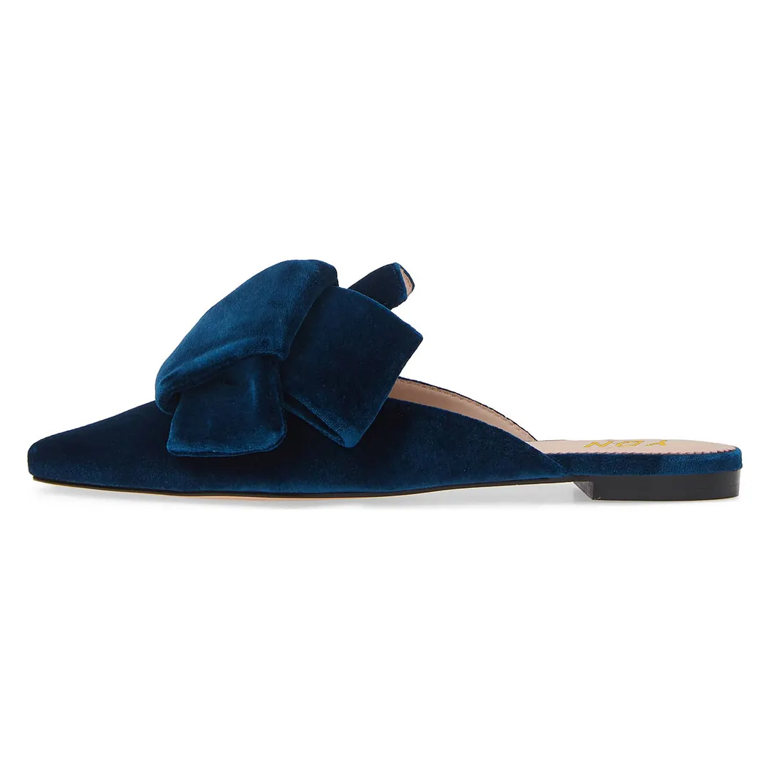 Velvet Pointed Toe Knot Decor Flat Women's Mules Shoes in Dark Blue