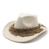 Unisex Fall Vintage Western Cowboy Woolen Tassel Sun Protection Wide Brim Hat by Inlyline