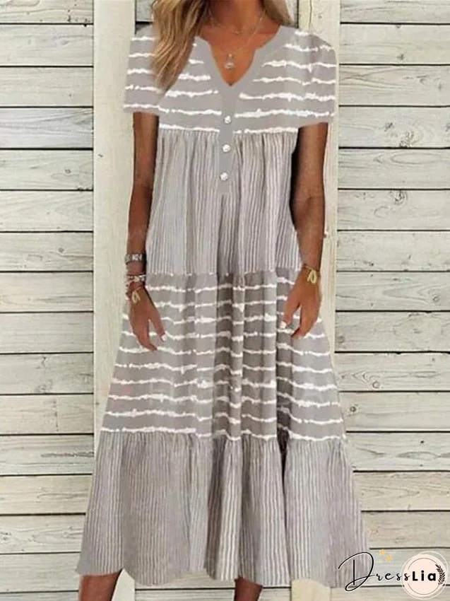 Shift Formal Dress Midi Formal Dress Light gray Short Sleeve Striped Button Spring Summer V Neck Modern S M L XL XXL for Women