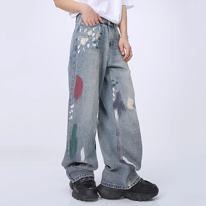 Men's Graffiti Ripped Floor-Length Wide-Leg Jeans - Sopula｜Premium Graphic Tees & Graphic Clothing
