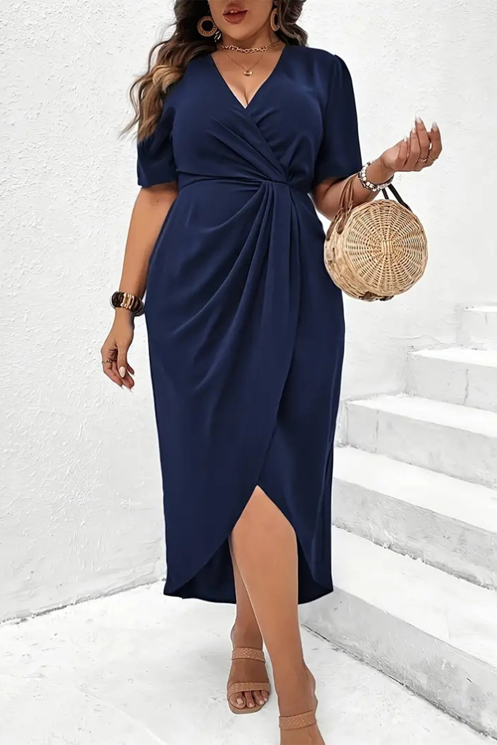 Plus Size Everyday Navy Blue Wrap Asymmetrical Hem Maxi Dress 2024 - Flycurvy 