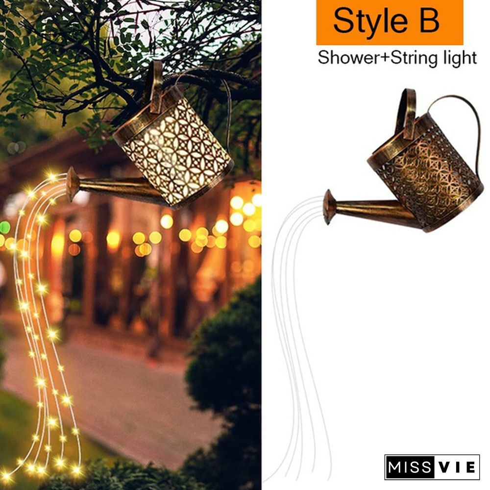 Retro Solar Watering Can Sprinkles LED Light Fairy Metal Wrought Iron Hollow Out Lamp