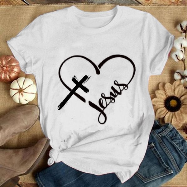 New Fashion Women T-shirts Jesus Heart Printed O-neck Short Sleeves Shirts Christian Church Shirts Religious Tops Casual Loose Tops Women Graphic Tees Blouses Plus Size - BlackFridayBuys