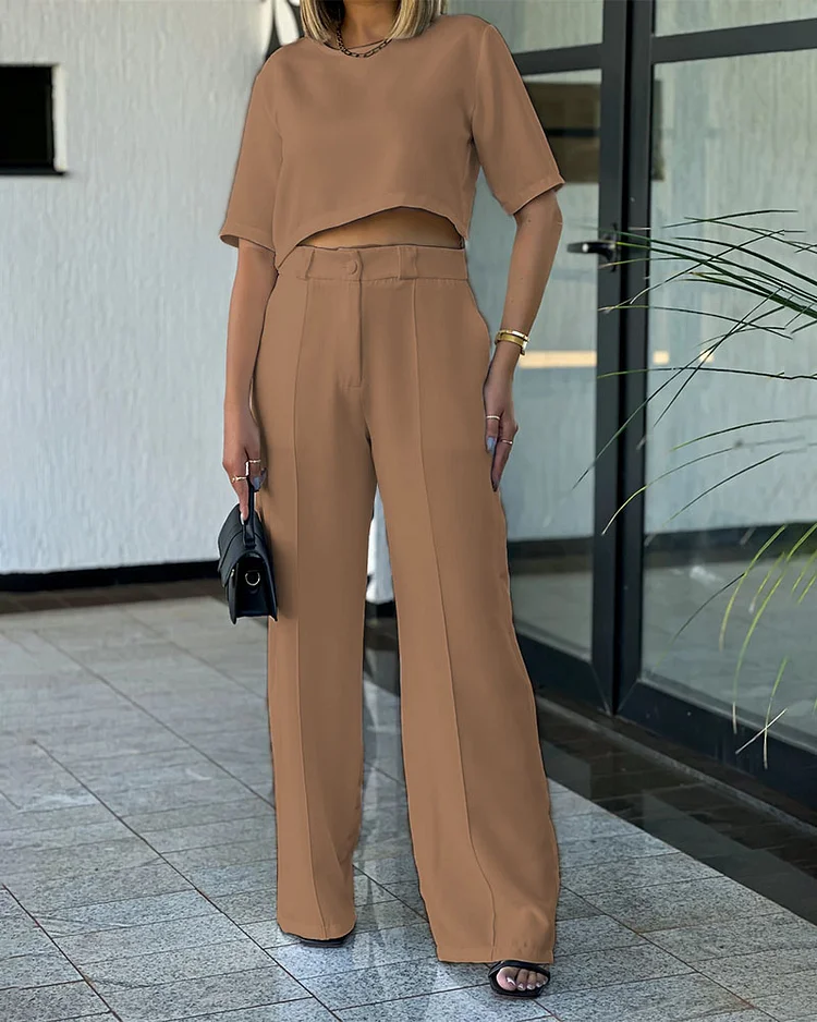 Round Neck Short Sleeve Top Trousers Solid Color Two-piece Suit 