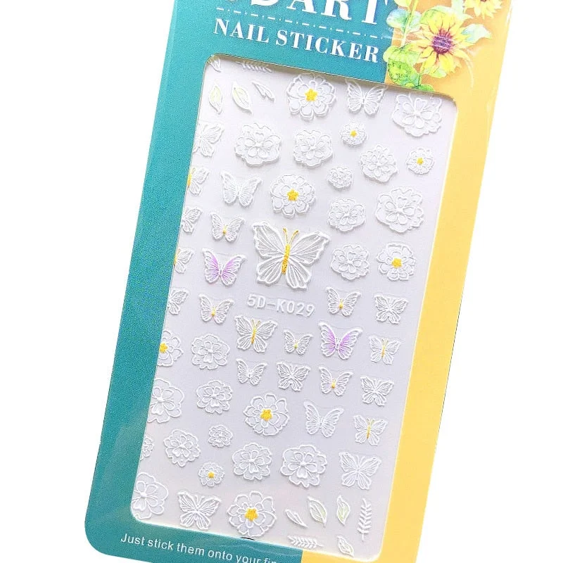 5D Acrylic Nail Sticker Engraved White Snowflakes Flower Sliders Embossed Lace Wedding Nail Art Design Monogram Decals Manicure-Nail Inspo