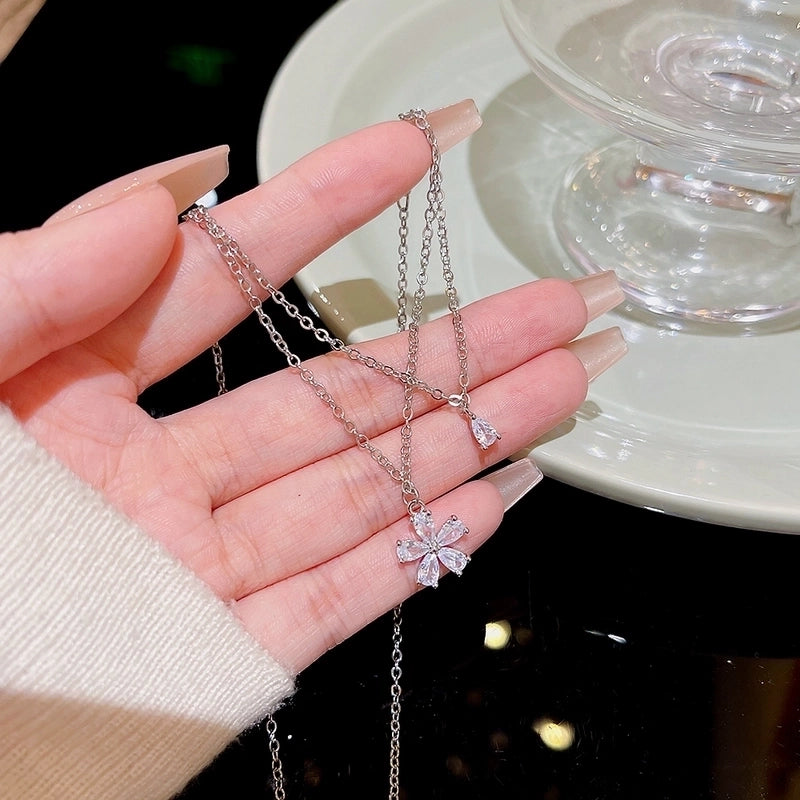 304 Stainless Steel Copper Inlay Flower Butterfly Zircon Pendant Necklace