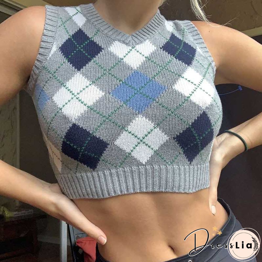 Checkered Cropped Knitted Tank Argyle Sleeveless Jumper